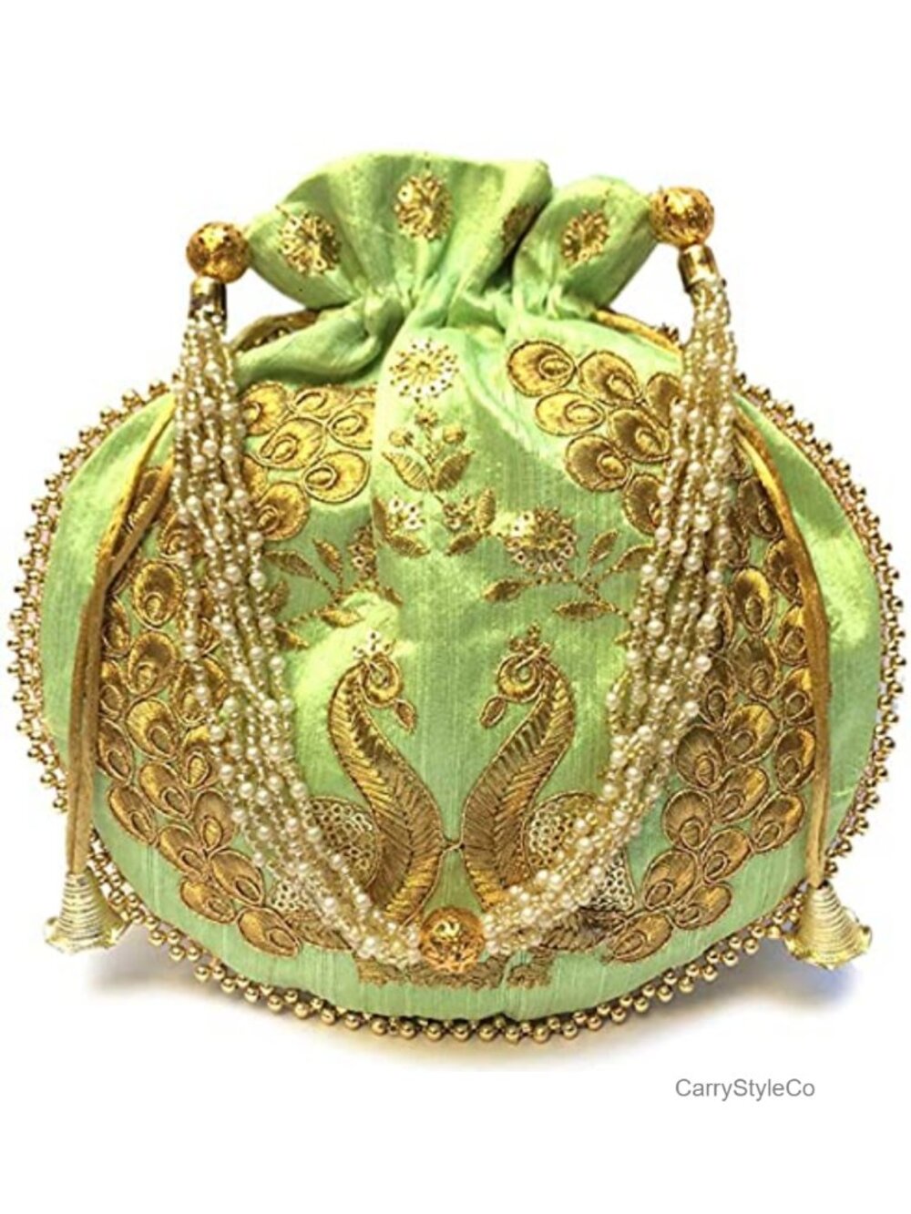 Embroidered Satin Potli Clutch with Pearl Handle Drawstring Evening Bag
